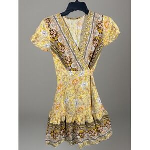 Used  ZESICA Boho Yellow Floral Short Sleeve Midi True Wrap Dress